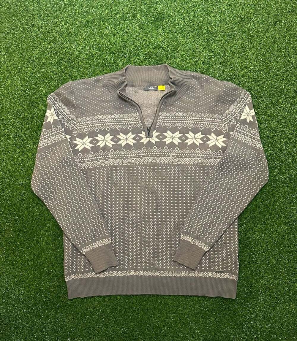 Cabelas 1/4 Zip Pullover Snowflake Fair Isle Sweater Gray